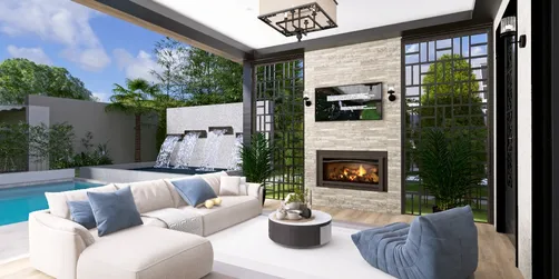 cozy living room with modern furniture arranged around a circular coffee table in a stylish tropical setting featuring a pool and waterfall, showcasing Homestyler's real-time 3D rendering for an immersive interior design experience.