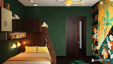 kids bedroom design featuring a playful bunk bed arrangement with stylish wooden and green accents, using Homestyler's 3D rendering feature for realistic visualization.