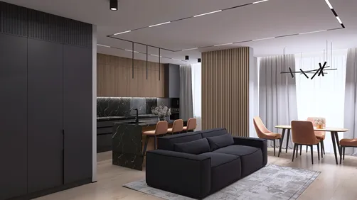 modern living room featuring a sleek black sofa and dining area, designed with an open layout in contemporary style, showcasing Homestyler's real-time 3D rendering capability for instant design previews.