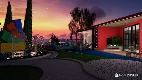 exterior garden design showcasing a modern villa with vibrant red walls at sunset, featuring a landscaped pathway and decorative art installations, utilizing Homestyler’s real-time 3D rendering feature