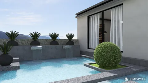 outdoor pool design featuring water features and greenery with modern aesthetics creating a serene atmosphere for relaxation; utilizing Homestyler's real-time 3D rendering for precise visualization.
