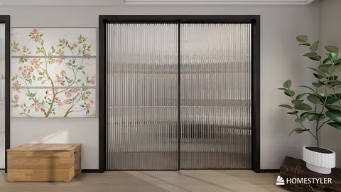 glass sliding doors with textured surface enhancing natural light, modern minimalist style, entrance space optimization utilizing Homestyler's real-time 3D rendering feature