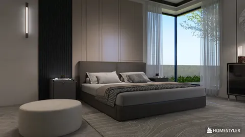 modern bedroom with stylish furniture and ample natural light showcasing a 3D interior design concept using Homestyler for realistic rendering of space layout