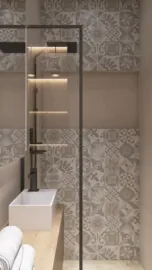 modern bathroom with elegant shower design featuring decorative tiles, showcasing a minimalist style while utilizing Homestyler's real-time 3D rendering feature