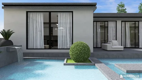 Modern house exterior with large windows and an inviting pool area featuring smart landscaping design for outdoor relaxation and entertainment, showcasing Homestyler's real-time 3D rendering capability.