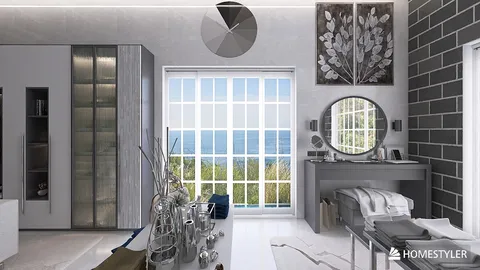 modern bedroom with ocean view featuring stylish furniture arrangement in a contemporary design showcasing seamless indoor-outdoor connection using Homestyler's real-time 3D rendering.