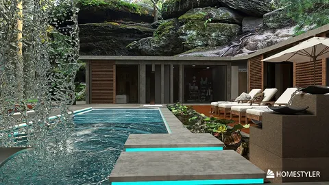 luxurious swimming pool area featuring an outdoor waterfall and sun loungers with natural stone surroundings showcasing a modern design style; includes Homestyler's real-time 3D rendering for renovation previews.
