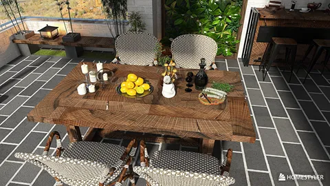 wooden dining table with fresh lemons and decorative items arranged in a cozy outdoor dining area, featuring a modern rustic style, highlighting interior decor design using Homestyler's real-time 3D rendering.