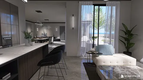 modern living room with open kitchen design featuring cozy seating and large windows showcasing a scenic view, utilizing Homestyler's real-time 3D rendering for an immersive interior space planning experience.