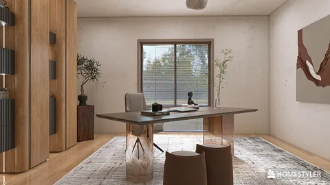 modern office interior featuring a stylish glass desk with a minimalist design, enhanced by natural light from a large window, showcasing a sleek modern look and space optimization using Homestyler's real-time 3D rendering.