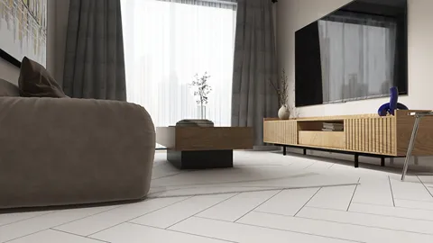 modern living room featuring a cozy sofa and stylish media console with a focus on smart furniture arrangement in a contemporary design, showcasing Homestyler's real-time 3D rendering feature.