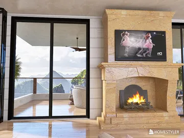 modern living room with a stone fireplace showcasing AR virtual furniture placement in an elegant open space with scenic views