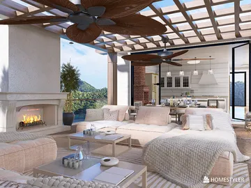 modern living room with cozy seating arrangement and open kitchen layout showcasing a warm ambiance using Homestyler's real-time 3D rendering feature