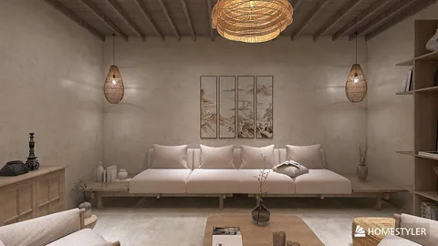 cozy living room seating arrangement with natural wooden accents in a rustic style showcasing interior decor using Homestyler's real-time 3D rendering feature