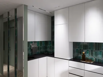 modern kitchen design featuring sleek cabinets and stylish backsplash with 3D rendering for realistic preview using Homestyler's real-time rendering feature.