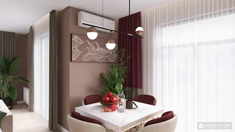 Dining area featuring a modern dining table arrangement with stylish chairs, showcasing a contemporary design aesthetic, creating a cozy and inviting space in a home. Utilizing Homestyler's real-time 3D rendering feature for a quick visual preview.