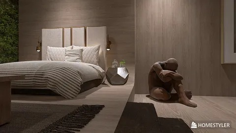 modern bedroom design featuring a cozy bed arrangement with wooden accents, showcasing a stylish decorative sculpture, optimized using Homestyler's real-time 3D rendering feature for enhanced visual presentation