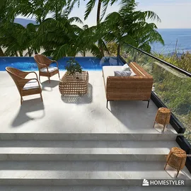 outdoor seating area featuring stylish rattan furniture arranged by the poolside overlooking the ocean, showcasing a modern coastal design aesthetic, optimized using Homestyler's real-time 3D rendering feature.
