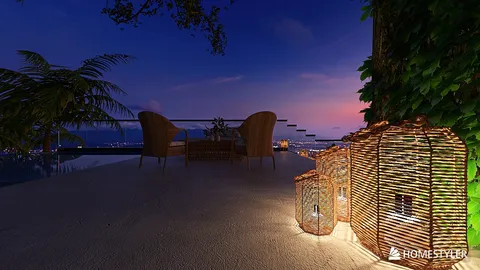outdoor seating area with ambient lighting and decorative lanterns, evening atmosphere, modern luxury style, enhancing relaxation spaces using Homestyler's real-time 3D rendering feature