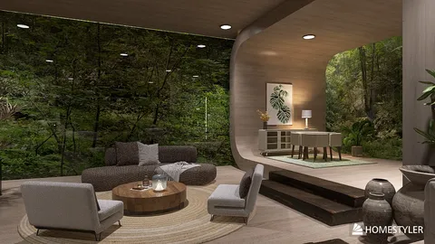 modern living room with natural views featuring a cozy sofa and armchairs, designed using Homestyler for interior decor optimization, emphasizing sustainable style and open space value.