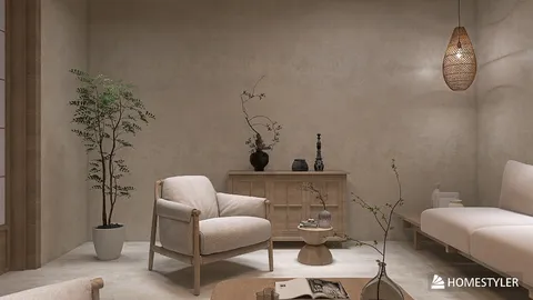 cozy living room with minimalist furniture arrangement in modern style featuring a natural color palette, showcasing Homestyler's real-time 3D rendering for interior design inspiration.