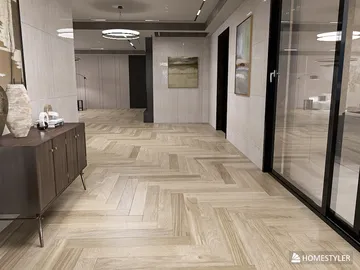 modern hallway design featuring wooden herringbone flooring and sleek furniture with an emphasis on interior decor; showcases Homestyler's real-time 3D rendering feature.
