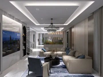 luxurious living room featuring 3D interior design with modern furniture arrangement in an upscale style, showcasing Homestyler's real-time 3D rendering for a stunning remodel preview