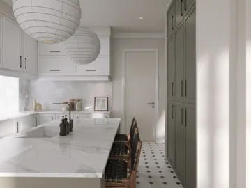 modern kitchen with stylish pendant lights, featuring a marble countertop and optimized layout for small spaces using Homestyler's smart furniture placement tool.