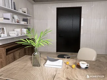 home office interior design featuring a wooden desk with a plant and a coffee cup, showcasing a modern minimalist style with an emphasis on functionality, utilizing Homestyler's real-time 3D rendering for an efficient design preview.