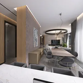 Modern dining area featuring a wooden table with stylish chairs in a contemporary open space, showcasing smart furniture arrangement for optimized small living, utilizing Homestyler's real-time 3D rendering function.