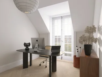 modern home office design featuring a sleek black desk arrangement with computer and accessories, showcasing minimalist style and efficient space utilization, utilizing Homestyler's real-time 3D rendering function.