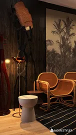 Elegant seating area with stylish chairs and a unique side table combined with a decorative wall, showcasing modern interior design trends with a focus on functional space optimization using Homestyler's real-time 3D rendering feature.