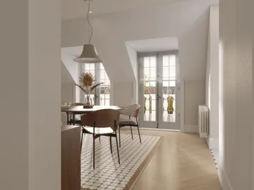 modern dining room featuring a wooden table and chairs surrounded by large windows, showcasing a minimalist Scandinavian style, optimized for space utilizing Homestyler's real-time 3D rendering.