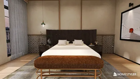 modern bedroom design featuring a spacious bed setup with dark wood accent furniture and artistic decor, showcasing an inviting and cozy atmosphere, created using Homestyler's real-time 3D rendering feature for enhanced visual clarity.
