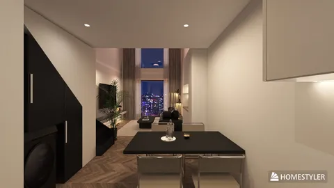 Modern dining area with sleek furniture and stylish decor showcasing smart furniture arrangement in a cozy urban studio space, featuring Homestyler's real-time 3D rendering for design proposal visualization.