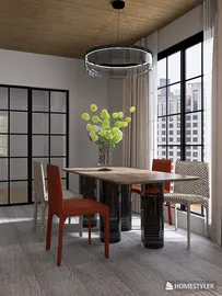 Modern dining area featuring a round table with unique base and stylish chairs, showcasing a contemporary design style, perfect for home interior improvement using Homestyler's real-time 3D rendering feature.