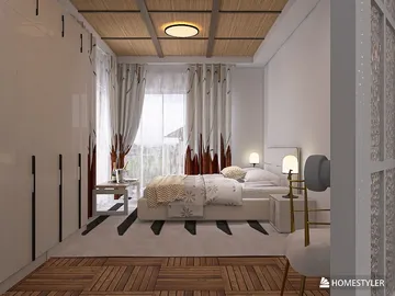 modern bedroom interior design showcasing a cozy atmosphere with natural elements and warm tones, highlighting the use of Homestyler's real-time 3D rendering feature for quick design previews.
