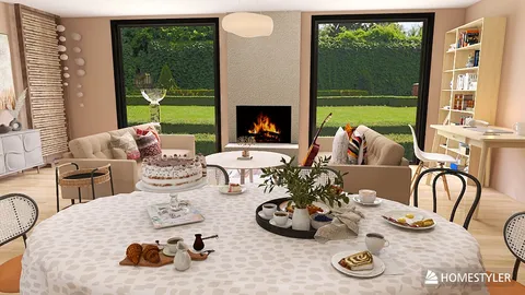 Modern dining area featuring a cozy setting with a beautifully set table, showcasing a breakfast spread and decorative centerpieces, designed with Homestyler's real-time 3D rendering for an inviting home atmosphere.