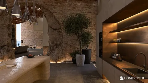 modern kitchen interior design with rustic stone walls creating a cozy atmosphere featuring smart furniture arrangement using Homestyler's real-time 3D rendering