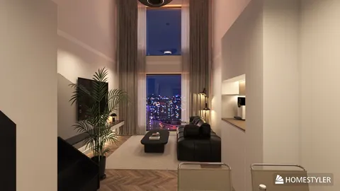 Modern living room design showcasing 3D rendering with a stylish ambiance, featuring a large window view of the cityscape, optimized for interior decor using Homestyler's real-time 3D rendering functionality.