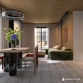 Dining area with a wooden table and stylish chairs featuring floral centerpiece, showcasing modern decor style and open space value, designed using Homestyler's real-time 3D rendering feature.