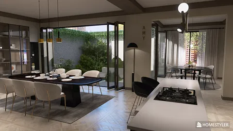 Dining room with a large table and chairs designed for a modern aesthetic featuring an open layout and natural light, showcasing the Homestyler interior decor capabilities.