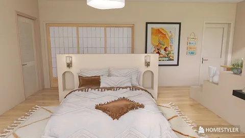 bedroom interior design featuring a cozy bed with decorative pillows, styled with a neutral color palette, showcasing the use of Homestyler's AR virtual furniture placement for optimal layout.