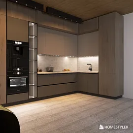 modern kitchen design featuring a sleek cabinetry layout with integrated appliances and elegant lighting, showcasing interior decor ideas for optimizing small spaces, utilizing Homestyler's real-time 3D rendering feature