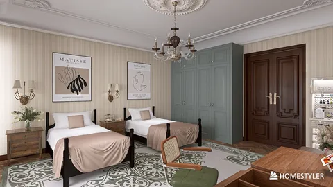 Elegant bedroom design featuring twin beds and a classic chandelier, showcasing a sophisticated style with harmonious colors, optimized for space efficiency using Homestyler's real-time 3D rendering.