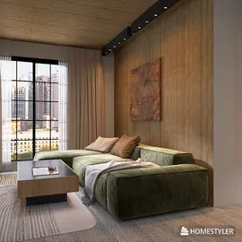 modern green sofa arrangement in a living room with wooden accents showcasing interior design style and optimized space using Homestyler's real-time 3D rendering feature.