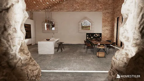 Modern kitchen design featuring an open layout with a stylish island, rustic stone walls, and contemporary dining area, showcasing the Homestyler real-time 3D rendering capability.