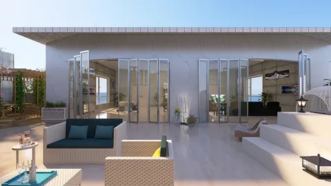 Modern outdoor lounge area with stylish furniture featuring a panoramic view design for an open terrace, utilizing Homestyler's real-time 3D rendering feature.