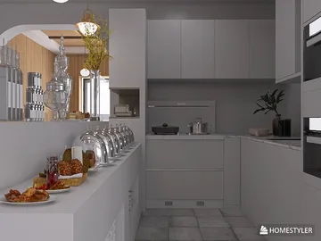 modern kitchen design featuring a breakfast bar with various dishes and utensils, showcasing a sleek minimalist style, optimized for space efficiency using Homestyler's 3D rendering feature.