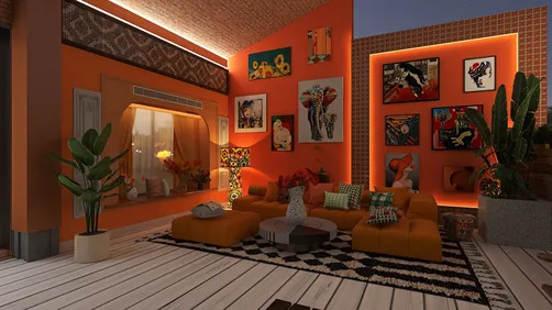 colorful living room design featuring a cozy orange sofa, vibrant wall art, and plants, showcasing interior decor style with Homestyler's real-time 3D rendering for instant visual previews